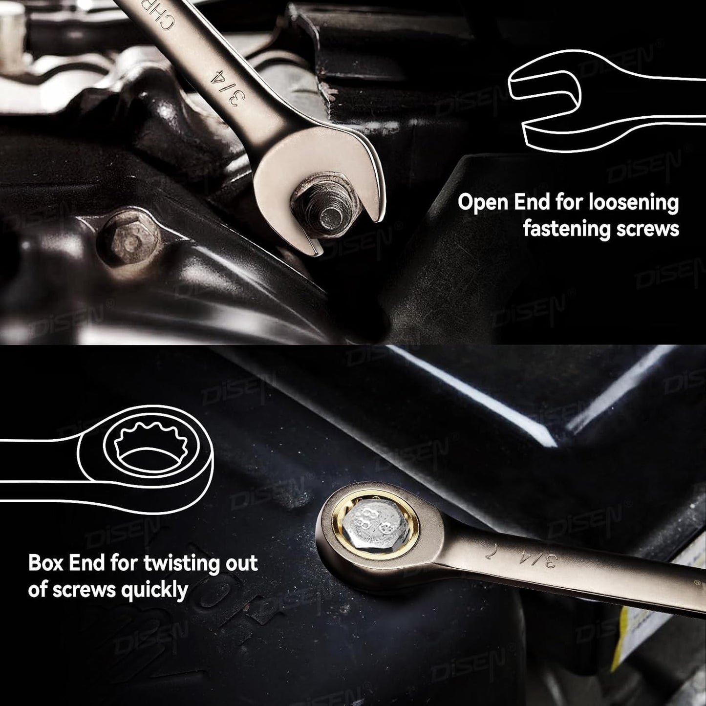 DISEN 8PCS SAE Ratcheting Wrench Set – 90-Tooth, CR-V Steel, Black Nickel Finish, Open & Box End with Organizer