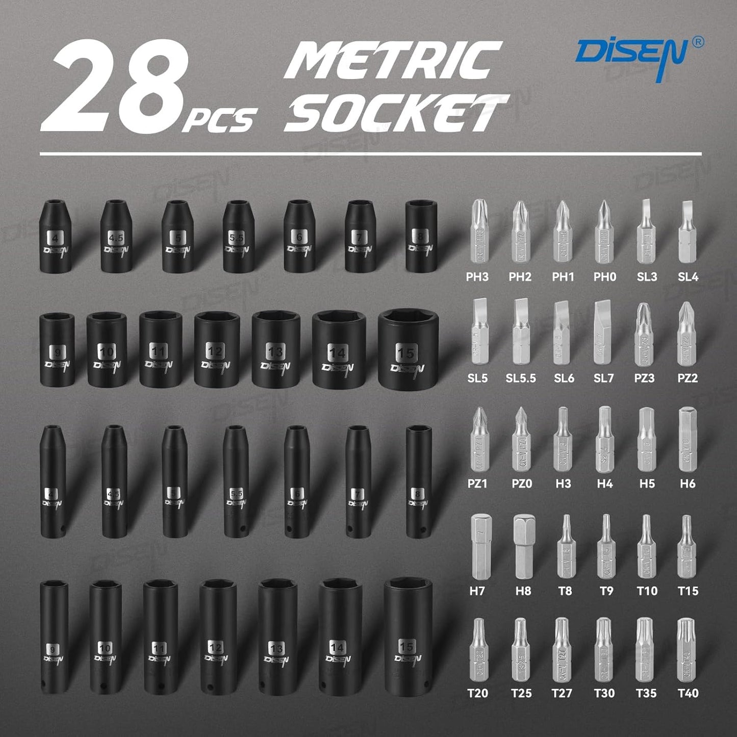 DISEN 64-Piece 1/4" Drive Socket Wrench Set | Deep & Shallow Metric Sockets 4–15mm | 72-Tooth Ratchet | CR-V Steel | with Carrying Case