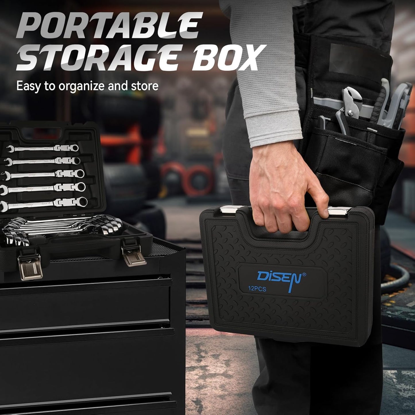 DISEN 13-Piece Flex Head Ratcheting Wrench Set SAE | Double Jointed, Long Open & Box End Wrenches 1/4''–3/4'' | 72-Tooth CR-V Steel with Storage Case