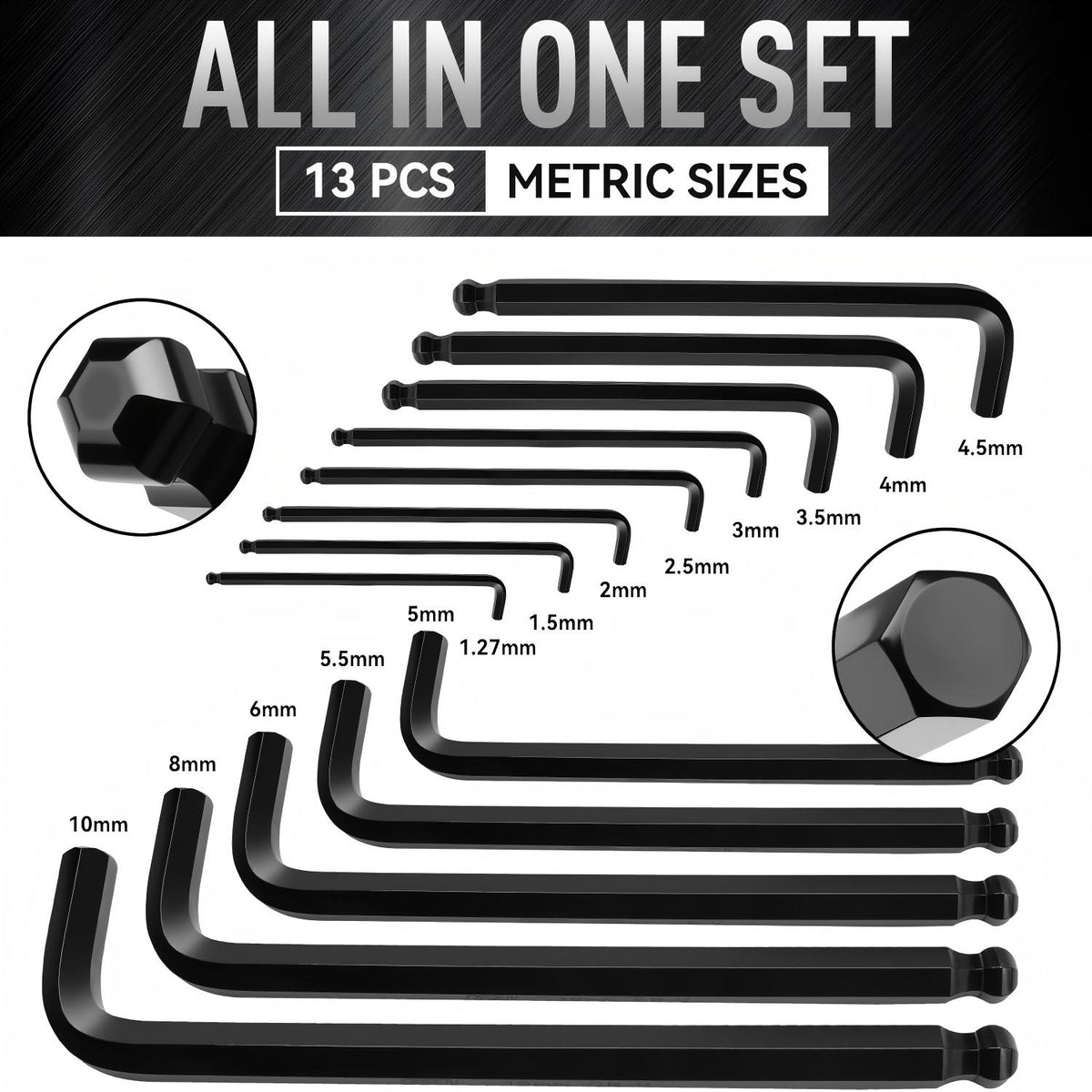 DISEN 13-Piece Metric Hex Key Set, Long Arm Ball End Allen Wrenches, 1.27–10mm, CR-V Steel
