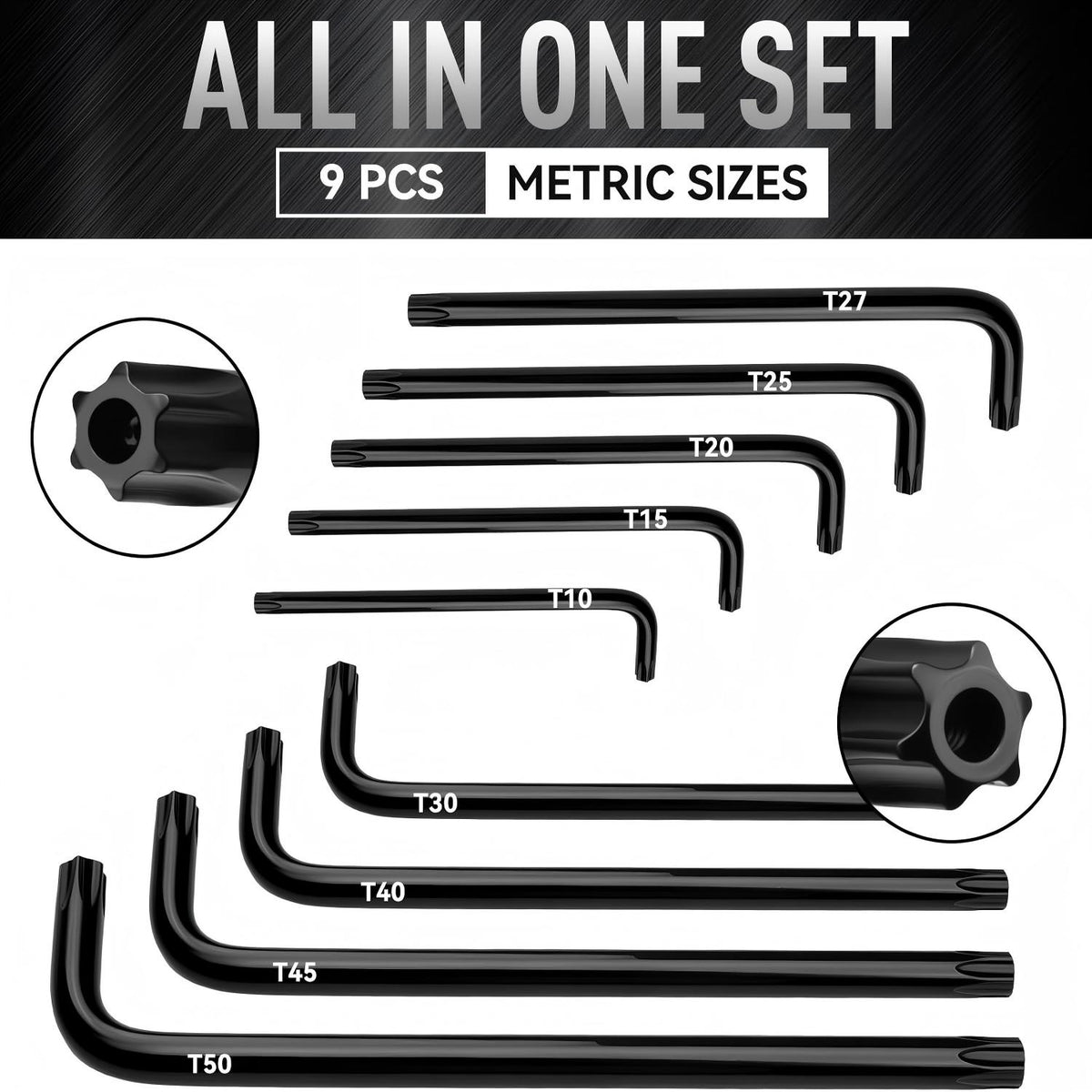 DISEN 9-Piece Torx Star Key Set, Long Arm T10–T50, Chrome Vanadium Steel