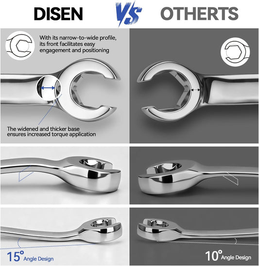 DISEN 16-Piece SAE & Metric Flare Nut Wrench Set, CR-V Steel Brake Line Wrenches with PTFE Tape