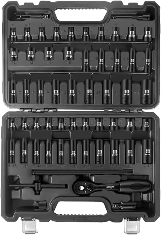 DISEN 57-Piece 1/4" Drive Impact Socket Set | Deep & Shallow SAE/Metric Sockets | CR-V Steel | Quick-Release Ratchet & Adapter Kit | Heavy-Duty Storage Case