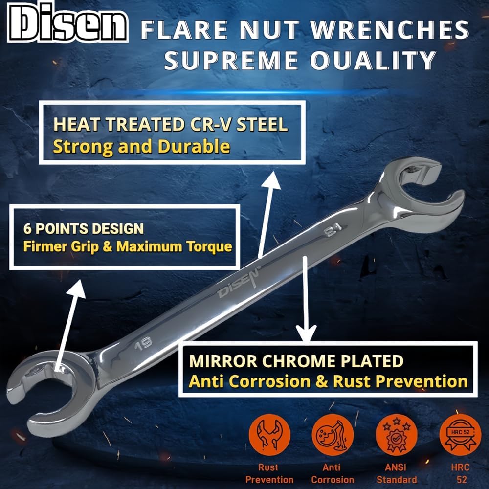 DISEN 12-Piece Flare Nut Wrench Set | Metric & SAE (1/4–7/8", 6–21mm) | CR-V Steel Line Wrench Kit with Offset Head & Organizer Pouch