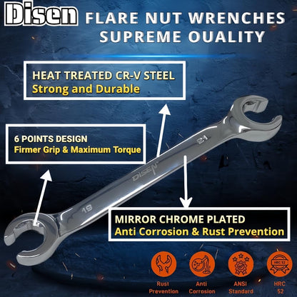 DISEN 12-Piece Flare Nut Wrench Set | Metric & SAE (1/4–7/8", 6–21mm) | CR-V Steel Line Wrench Kit with Offset Head & Organizer Pouch