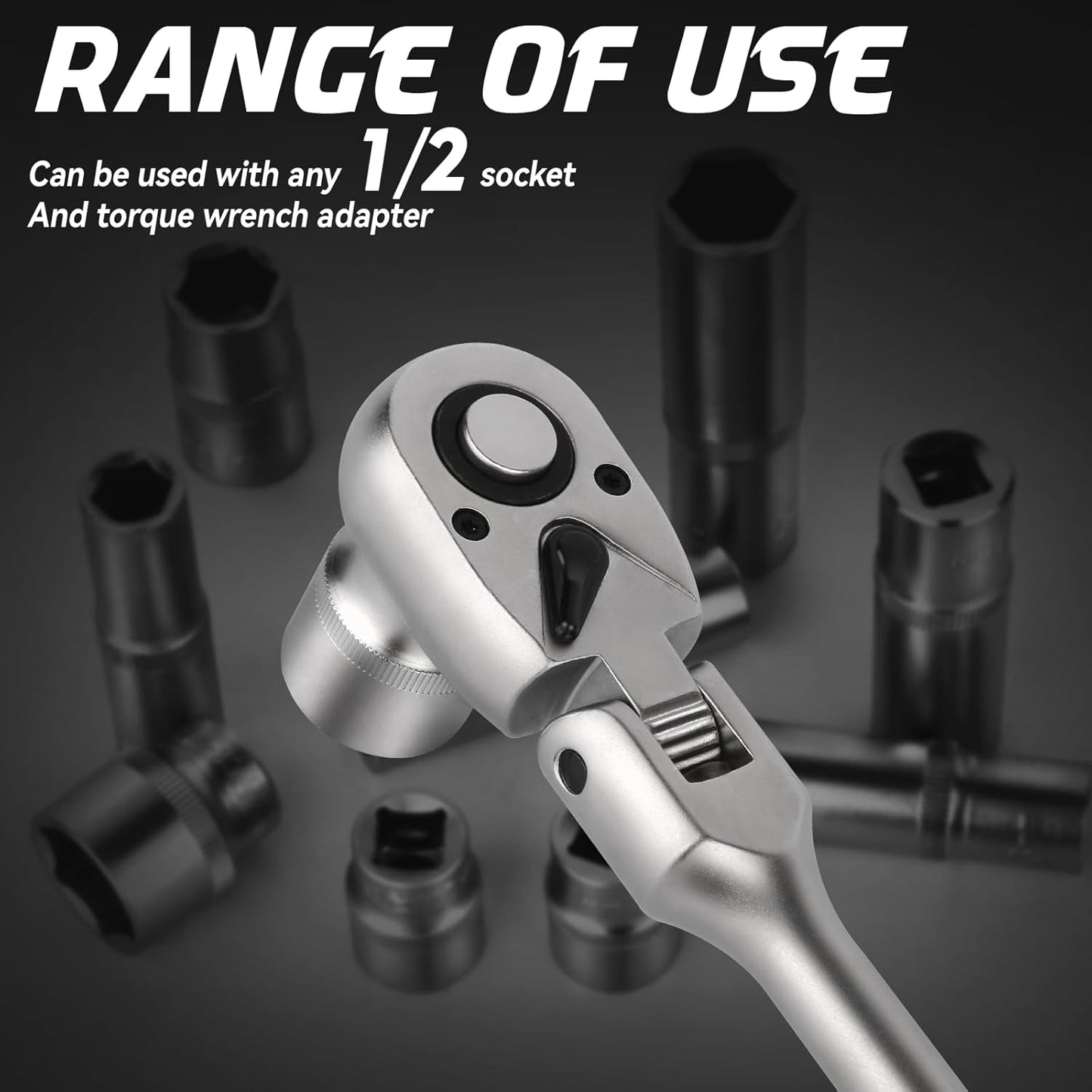 DISEN 1/2" Drive Flex-Head Ratchet Wrench | 72-Tooth, Quick Release, Reversible Switch, Soft Grip Handle | Chrome Plated CR-V Steel