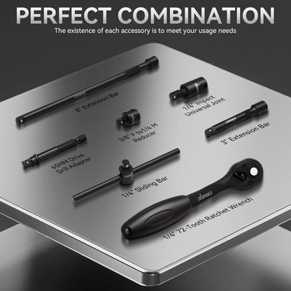 DISEN 57-Piece 1/4" Drive Impact Socket Set | Deep & Shallow SAE/Metric Sockets | CR-V Steel | Quick-Release Ratchet & Adapter Kit | Heavy-Duty Storage Case