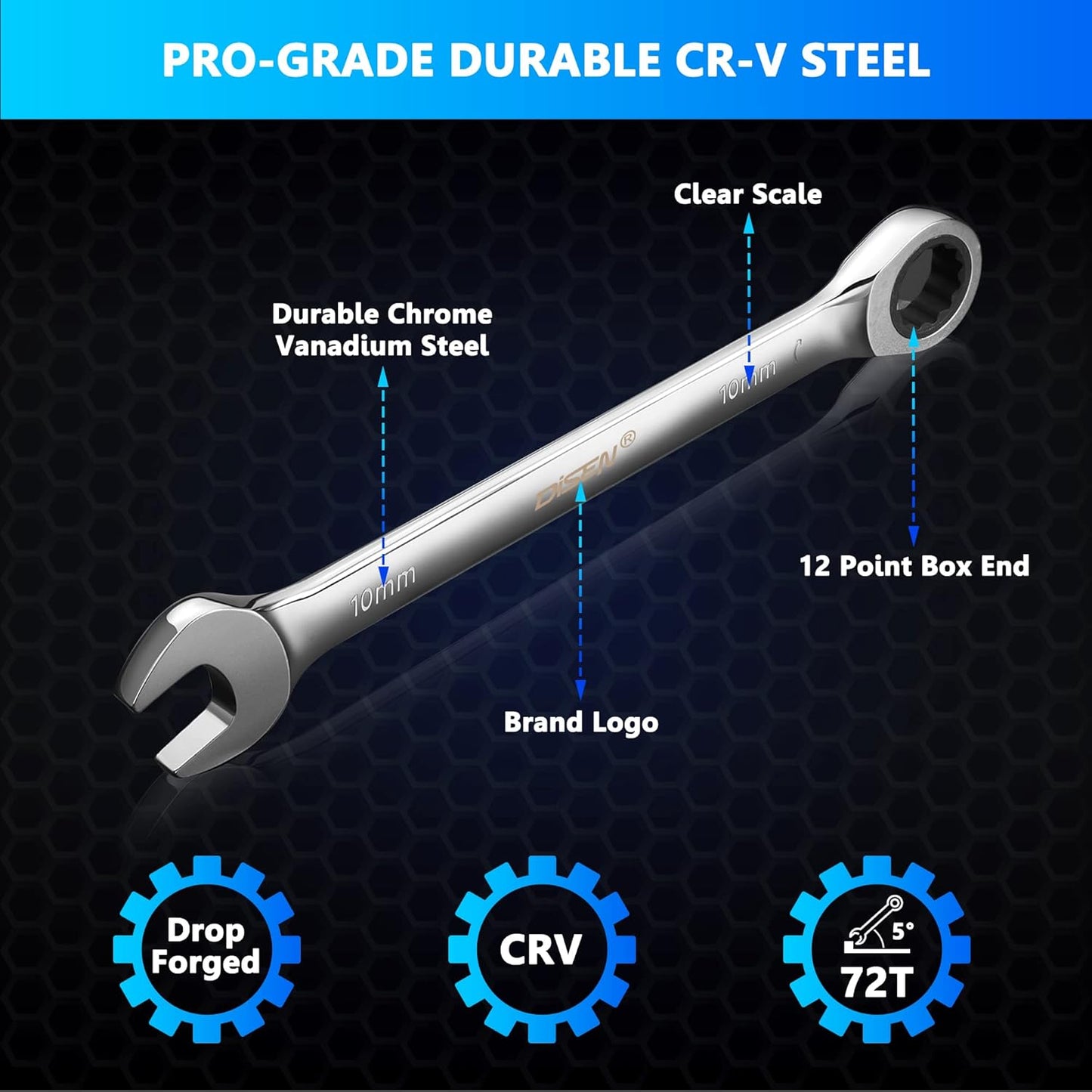 DISEN 22-Piece Ratcheting Wrench Set | Metric & SAE (6–18mm, 1/4"–3/4") | 72-Tooth, 12-Point CR-V Combination Wrenches with Organizer Roll Bag