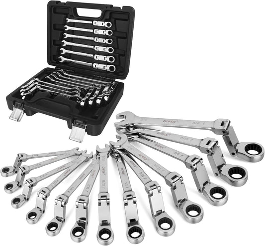 DISEN 13-Piece Flex Head Ratcheting Wrench Set SAE | Double Jointed, Long Open & Box End Wrenches 1/4''–3/4'' | 72-Tooth CR-V Steel with Storage Case