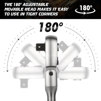 DISEN 1/2" Drive Flex-Head Ratchet Wrench | 72-Tooth, Quick Release, Reversible Switch, Soft Grip Handle | Chrome Plated CR-V Steel