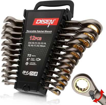 DISEN 12-Piece Reversible Ratcheting Wrench Set | Metric 8-19mm | 72-Tooth Crank Design | CR-V Steel with Nickel Plating & Organizer Rack