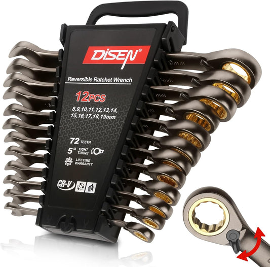 DISEN 12-Piece Reversible Ratcheting Wrench Set | Metric 8-19mm | 72-Tooth Crank Design | CR-V Steel with Nickel Plating & Organizer Rack