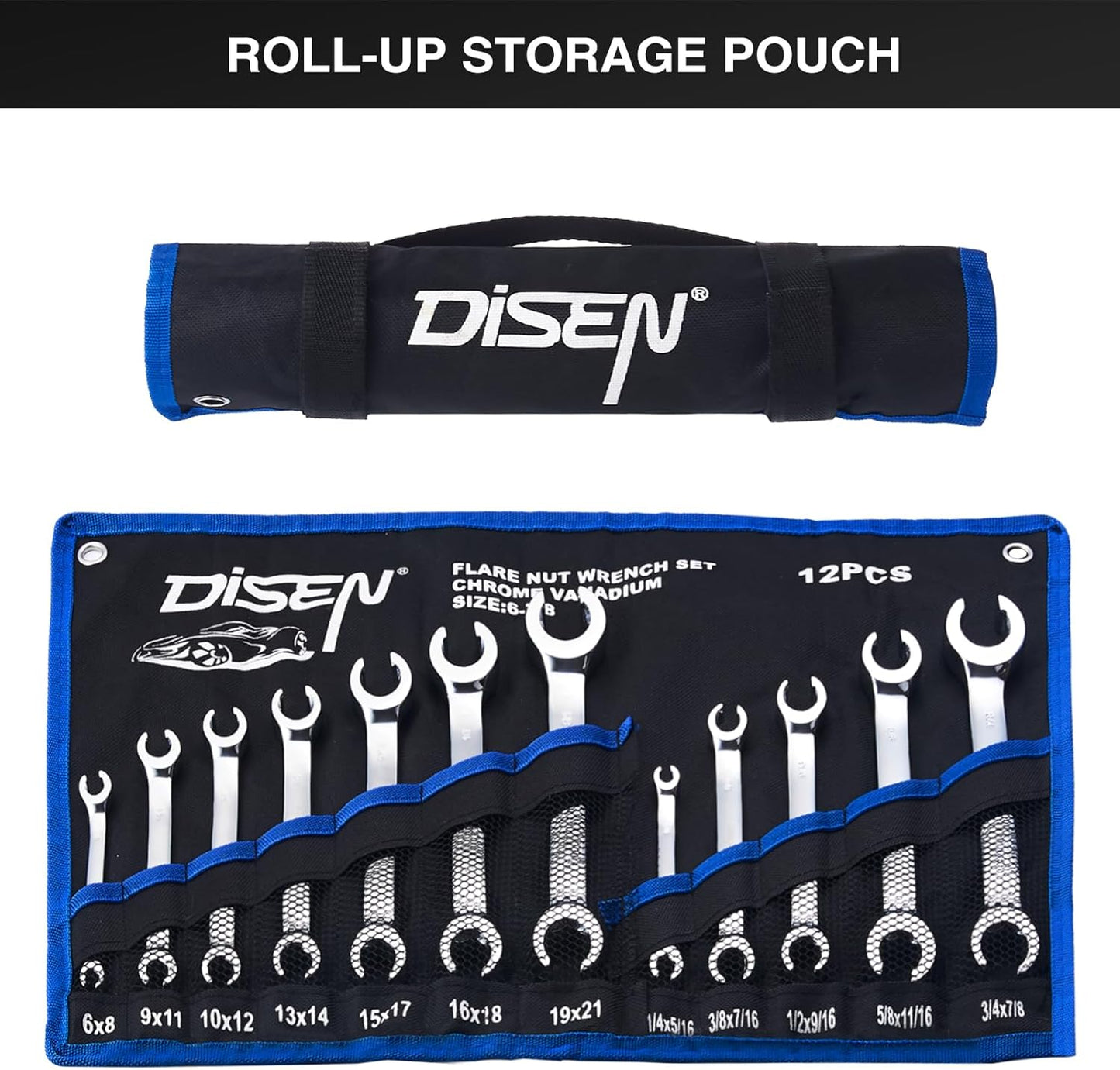 DISEN 12-Piece Flare Nut Wrench Set | Metric & SAE (1/4–7/8", 6–21mm) | CR-V Steel Line Wrench Kit with Offset Head & Organizer Pouch