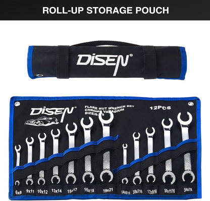 DISEN 12-Piece Flare Nut Wrench Set | Metric & SAE (1/4–7/8", 6–21mm) | CR-V Steel Line Wrench Kit with Offset Head & Organizer Pouch