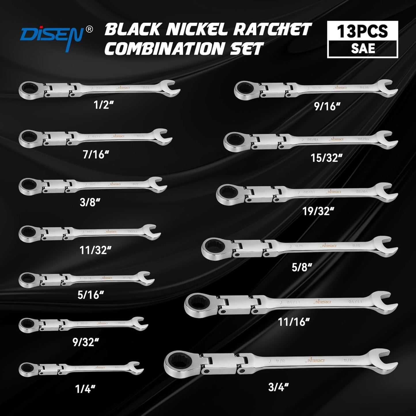 DISEN 13-Piece Flex Head Ratcheting Wrench Set SAE | Double Jointed, Long Open & Box End Wrenches 1/4''–3/4'' | 72-Tooth CR-V Steel with Storage Case