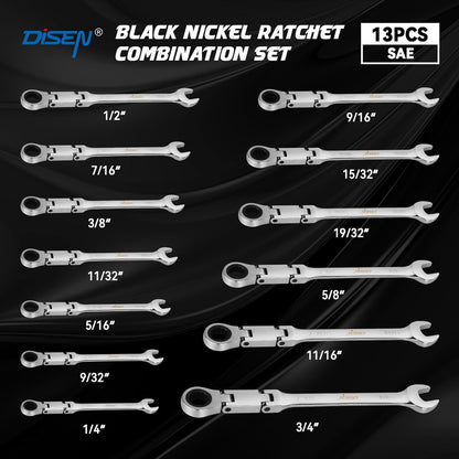 DISEN 13-Piece Flex Head Ratcheting Wrench Set SAE | Double Jointed, Long Open & Box End Wrenches 1/4''–3/4'' | 72-Tooth CR-V Steel with Storage Case