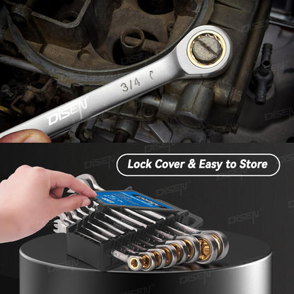 DISEN 8PCS SAE Ratcheting Wrench Set – 90-Tooth, CR-V Steel, Black Nickel Finish, Open & Box End with Organizer