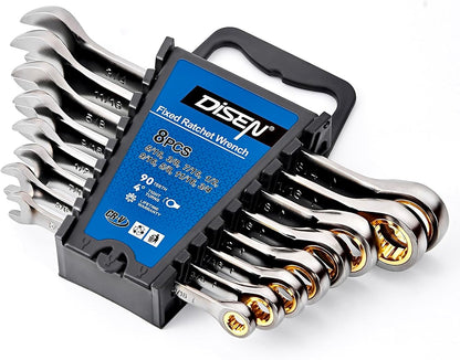 DISEN 8PCS SAE Ratcheting Wrench Set – 90-Tooth, CR-V Steel, Black Nickel Finish, Open & Box End with Organizer