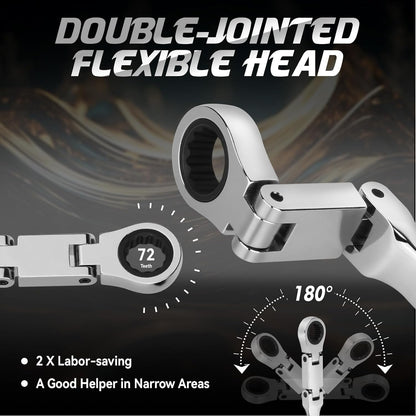 DISEN 13-Piece Flex Head Ratcheting Wrench Set SAE | Double Jointed, Long Open & Box End Wrenches 1/4''–3/4'' | 72-Tooth CR-V Steel with Storage Case