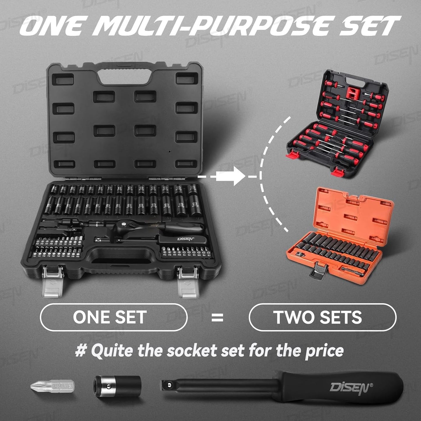 DISEN 64-Piece 1/4" Drive Socket Wrench Set | Deep & Shallow Metric Sockets 4–15mm | 72-Tooth Ratchet | CR-V Steel | with Carrying Case