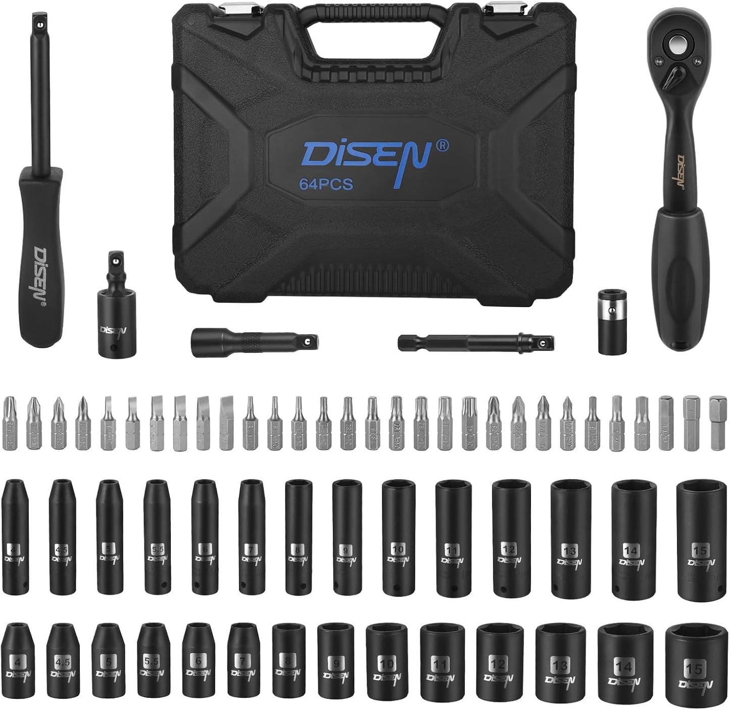 DISEN 64-Piece 1/4" Drive Socket Wrench Set | Deep & Shallow Metric Sockets 4–15mm | 72-Tooth Ratchet | CR-V Steel | with Carrying Case