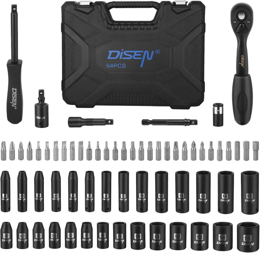 DISEN 64-Piece 1/4" Drive Socket Wrench Set | Deep & Shallow Metric Sockets 4–15mm | 72-Tooth Ratchet | CR-V Steel | with Carrying Case