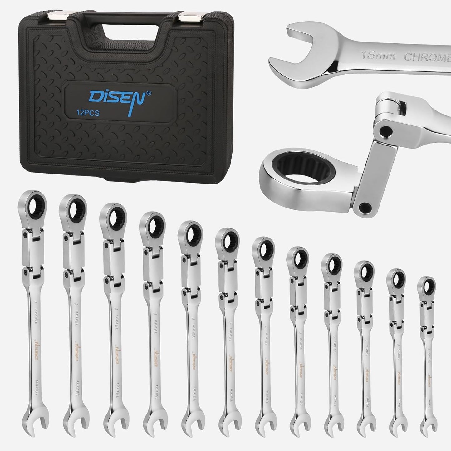 DISEN 12-Piece Reversible Ratcheting Wrench Set | Metric 8–19mm | 72-Tooth CR-V Steel with Crank Handle & Organizer Rack