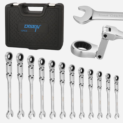 DISEN 12-Piece Reversible Ratcheting Wrench Set | Metric 8–19mm | 72-Tooth CR-V Steel with Crank Handle & Organizer Rack