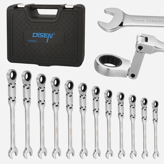 DISEN 12-Piece Reversible Ratcheting Wrench Set | Metric 8–19mm | 72-Tooth CR-V Steel with Crank Handle & Organizer Rack