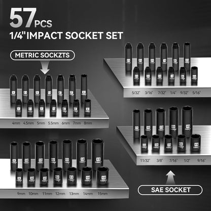 DISEN 57-Piece 1/4" Drive Impact Socket Set | Deep & Shallow SAE/Metric Sockets | CR-V Steel | Quick-Release Ratchet & Adapter Kit | Heavy-Duty Storage Case