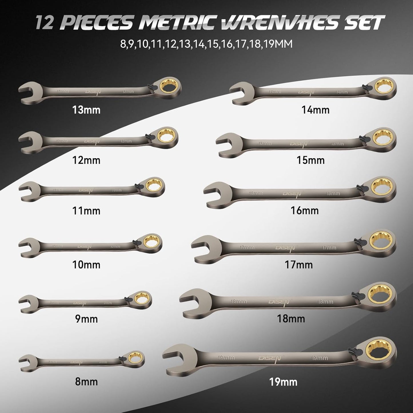 DISEN 12-Piece Reversible Ratcheting Wrench Set | Metric 8-19mm | 72-Tooth Crank Design | CR-V Steel with Nickel Plating & Organizer Rack