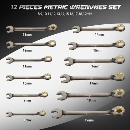 DISEN 12-Piece Reversible Ratcheting Wrench Set | Metric 8-19mm | 72-Tooth Crank Design | CR-V Steel with Nickel Plating & Organizer Rack