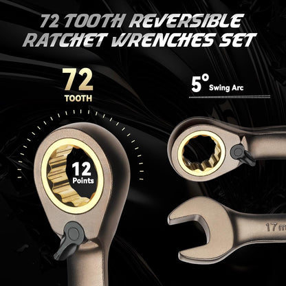 DISEN 12-Piece Reversible Ratcheting Wrench Set | Metric 8-19mm | 72-Tooth Crank Design | CR-V Steel with Nickel Plating & Organizer Rack
