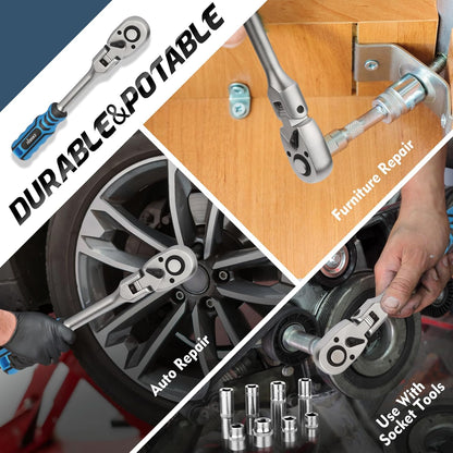 DISEN 1/2" Drive Flex-Head Ratchet Wrench | 72-Tooth, Quick Release, Reversible Switch, Soft Grip Handle | Chrome Plated CR-V Steel