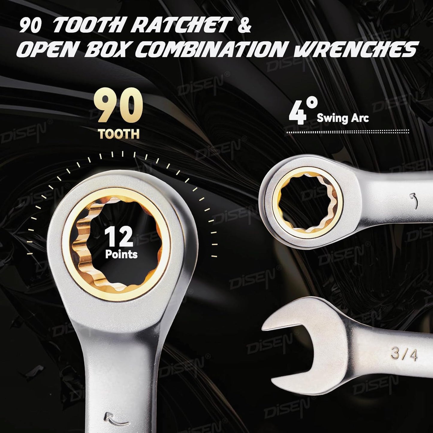 DISEN 8PCS SAE Ratcheting Wrench Set – 90-Tooth, CR-V Steel, Black Nickel Finish, Open & Box End with Organizer