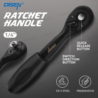 DISEN 64-Piece 1/4" Drive Socket Wrench Set | Deep & Shallow Metric Sockets 4–15mm | 72-Tooth Ratchet | CR-V Steel | with Carrying Case