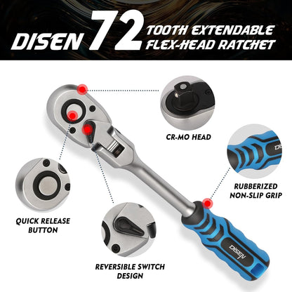 DISEN 1/2" Drive Flex-Head Ratchet Wrench | 72-Tooth, Quick Release, Reversible Switch, Soft Grip Handle | Chrome Plated CR-V Steel
