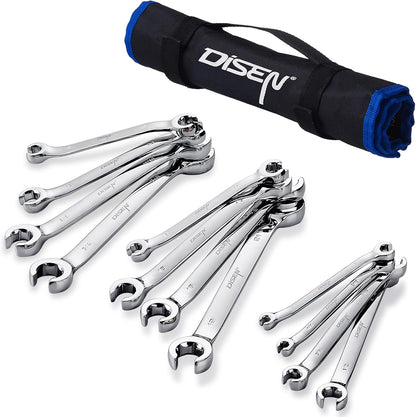 DISEN 12-Piece Flare Nut Wrench Set | Metric & SAE (1/4–7/8", 6–21mm) | CR-V Steel Line Wrench Kit with Offset Head & Organizer Pouch