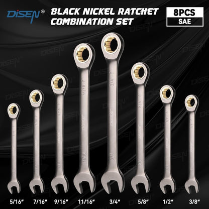 DISEN 8PCS SAE Ratcheting Wrench Set – 90-Tooth, CR-V Steel, Black Nickel Finish, Open & Box End with Organizer
