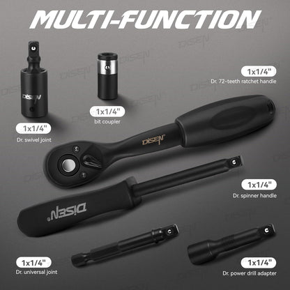 DISEN 64-Piece 1/4" Drive Socket Wrench Set | Deep & Shallow Metric Sockets 4–15mm | 72-Tooth Ratchet | CR-V Steel | with Carrying Case