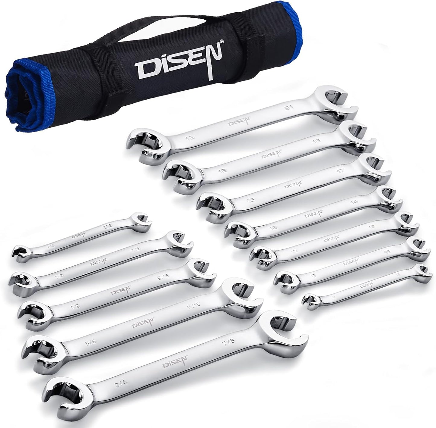 DISEN 12-Piece Flare Nut Wrench Set | Metric & SAE (1/4–7/8", 6–21mm) | CR-V Steel Line Wrench Kit with Offset Head & Organizer Pouch