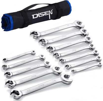 DISEN 12-Piece Flare Nut Wrench Set | Metric & SAE (1/4–7/8", 6–21mm) | CR-V Steel Line Wrench Kit with Offset Head & Organizer Pouch