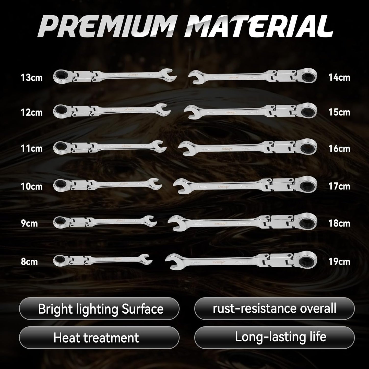 DISEN 12-Piece Reversible Ratcheting Wrench Set | Metric 8–19mm | 72-Tooth CR-V Steel with Crank Handle & Organizer Rack