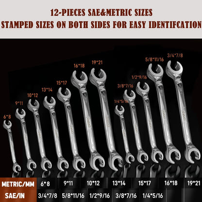 DISEN 12-Piece Flare Nut Wrench Set | Metric & SAE (1/4–7/8", 6–21mm) | CR-V Steel Line Wrench Kit with Offset Head & Organizer Pouch