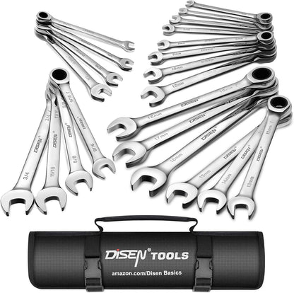 DISEN 22-Piece Ratcheting Wrench Set | Metric & SAE (6–18mm, 1/4"–3/4") | 72-Tooth, 12-Point CR-V Combination Wrenches with Organizer Roll Bag