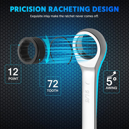 DISEN 22-Piece Ratcheting Wrench Set | Metric & SAE (6–18mm, 1/4"–3/4") | 72-Tooth, 12-Point CR-V Combination Wrenches with Organizer Roll Bag