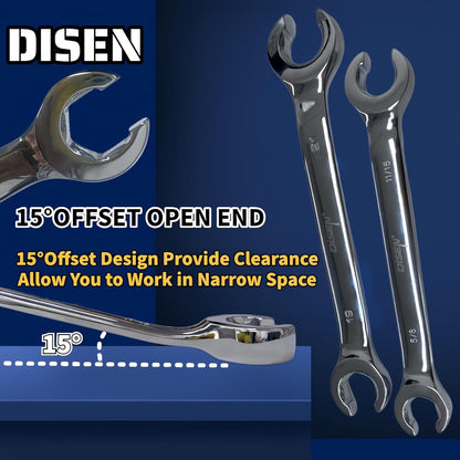 DISEN 12-Piece Flare Nut Wrench Set | Metric & SAE (1/4–7/8", 6–21mm) | CR-V Steel Line Wrench Kit with Offset Head & Organizer Pouch