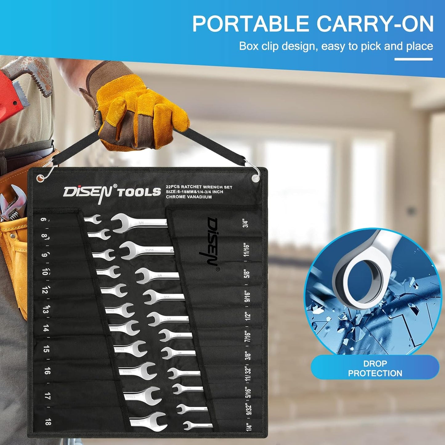 DISEN 22-Piece Ratcheting Wrench Set | Metric & SAE (6–18mm, 1/4"–3/4") | 72-Tooth, 12-Point CR-V Combination Wrenches with Organizer Roll Bag