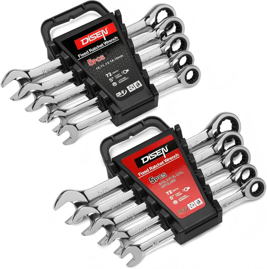DISEN 10-Piece SAE & Metric Ratcheting Wrench Set, 12-Point, 72-Tooth CR-V Steel with Storage Rack