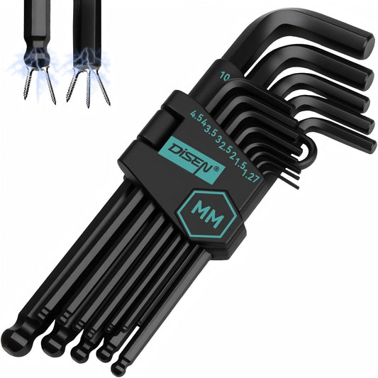 DISEN 13-Piece Metric Hex Key Set, Long Arm Ball End Allen Wrenches, 1.27–10mm, CR-V Steel